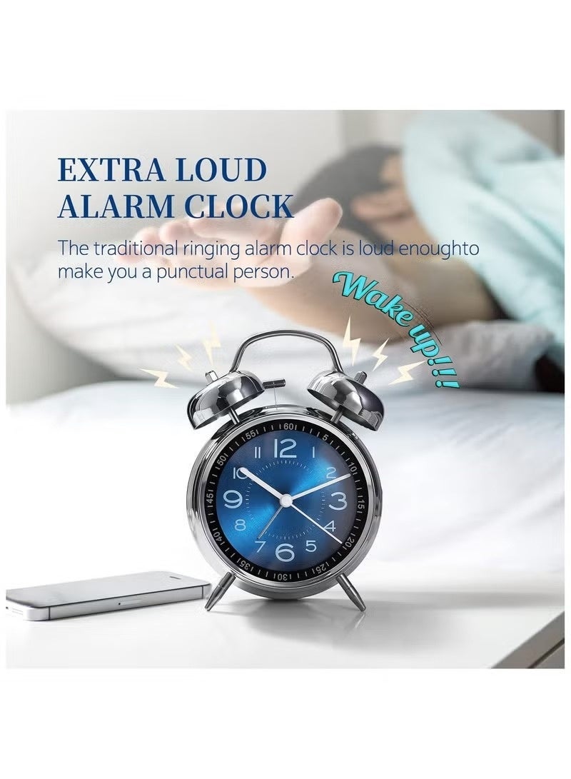 Analog Loud Alarm Clock with Backlight,Battery Operated,Silent Non Ticking,for Heavy Sleepers,Bedrooms,Bedside Table, 4inches Twin Bell Extra Retro Decorative Desk Clocks. (Blue) - Image 2